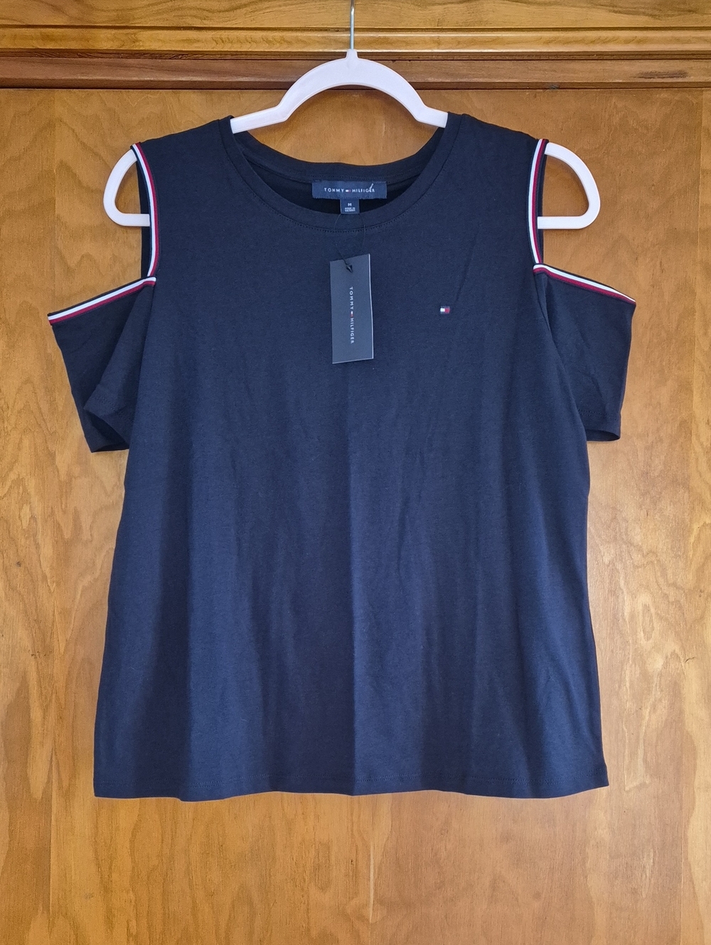 Tommy Hilfiger Dark Blue Cold-Shoulder Tee with Signature Trim, size M